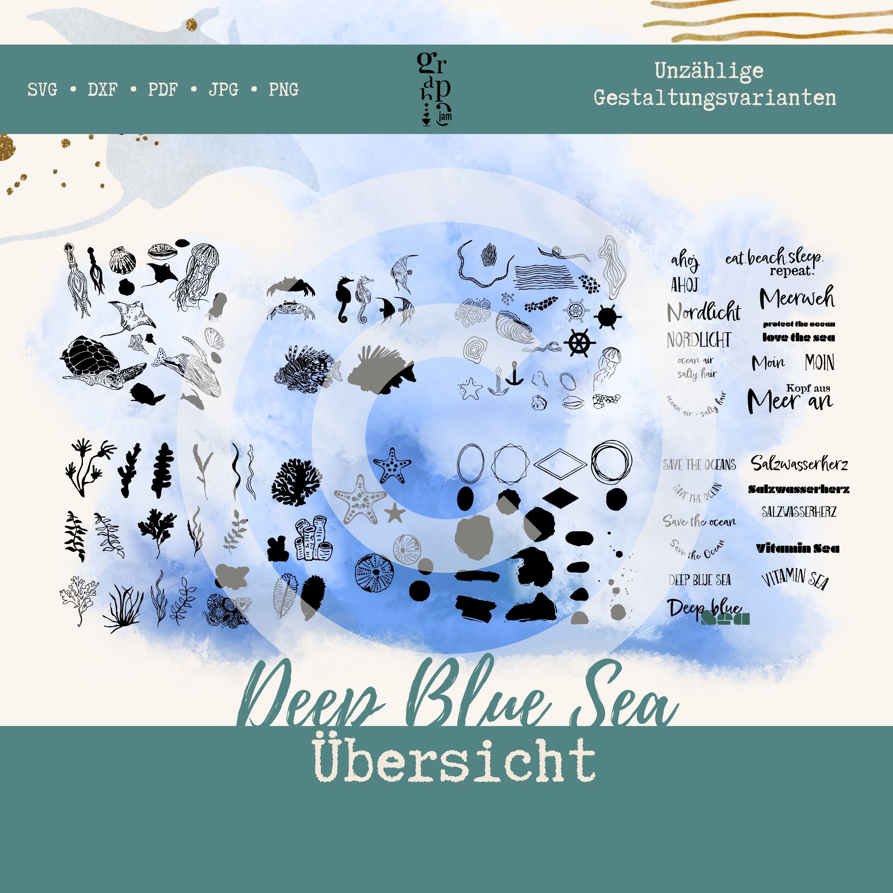 Deep blue Sea Plotterbundle | Maritime Plottermotive in DXF, SVG, PNG, JPG & PDF - Graphic Jam