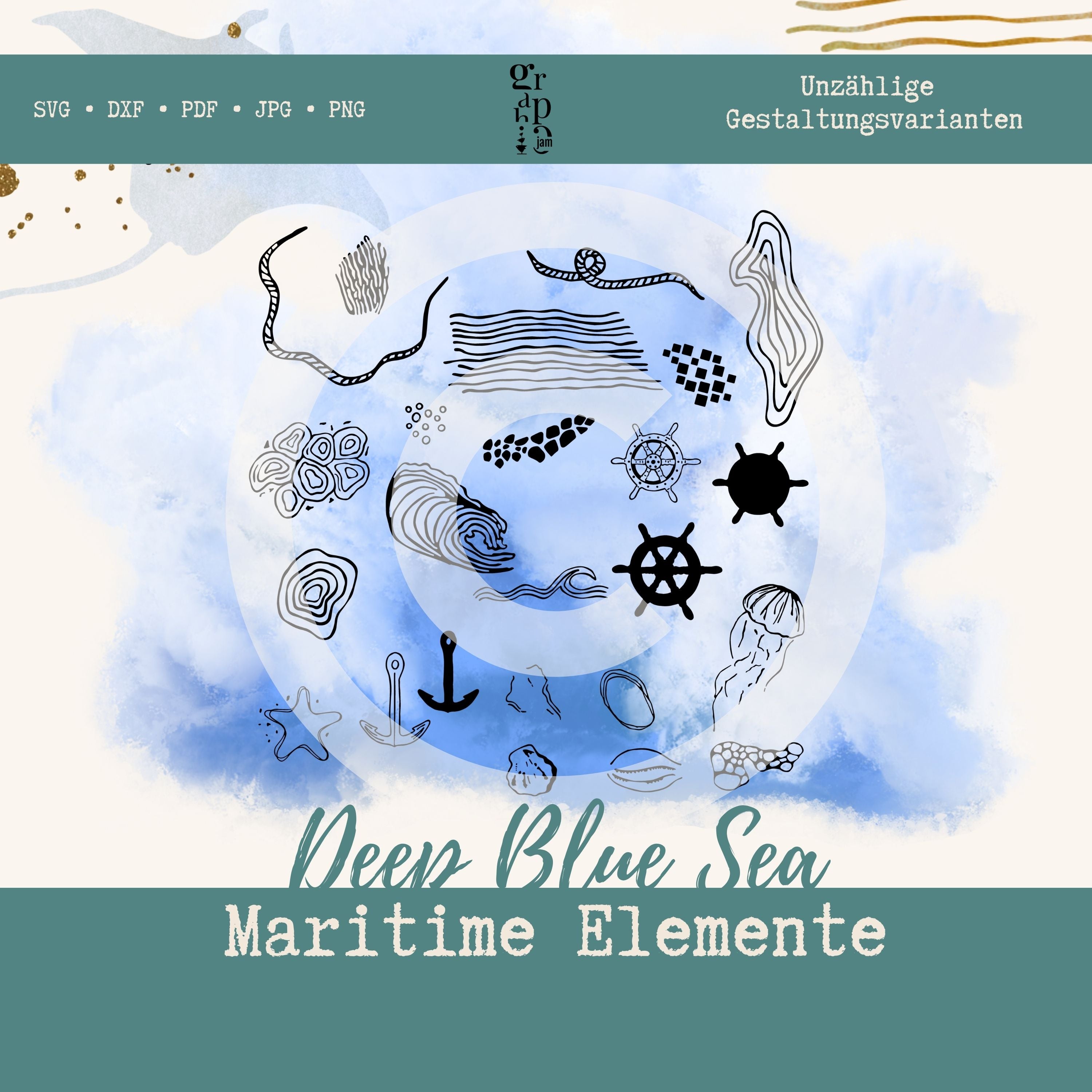 Deep blue Sea Plotterbundle | Maritime Plottermotive in DXF, SVG, PNG, JPG & PDF - Graphic Jam