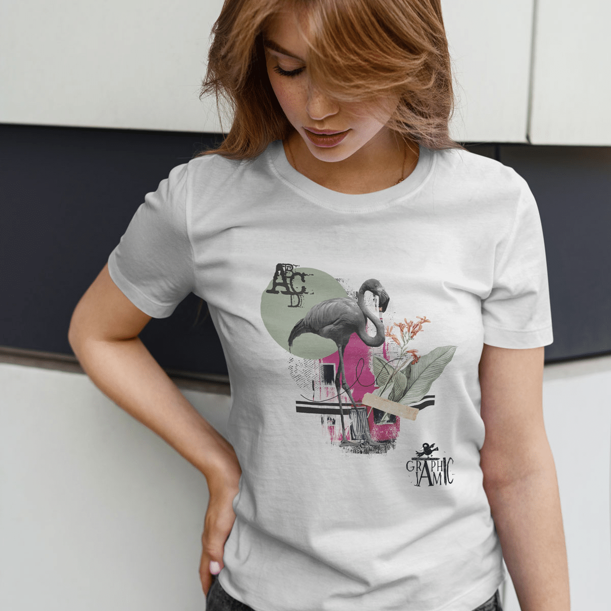 Karibik Flamingo - moderne Fotocollage als Bügelbild