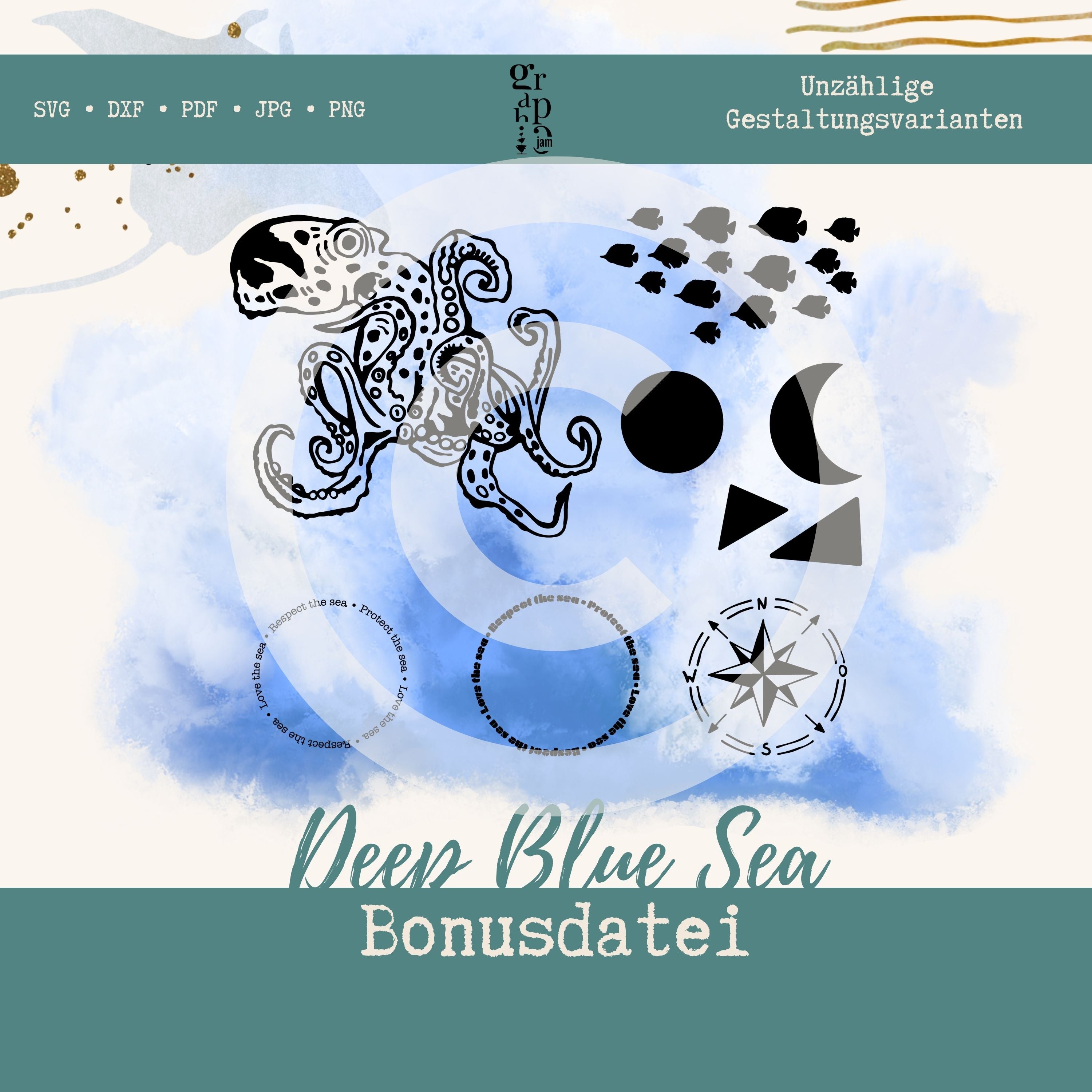 Deep blue Sea Plotterbundle | Maritime Plottermotive in DXF, SVG, PNG, JPG & PDF - Graphic Jam