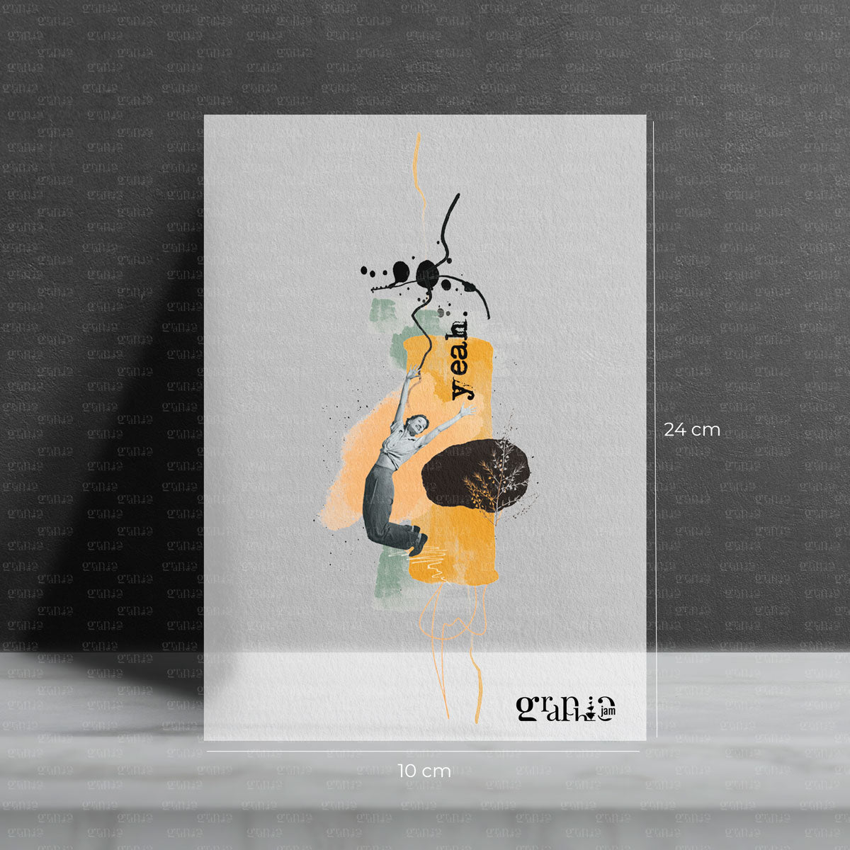 Ein fröhliches Bügelbild mit einer springenden Frau - yeah