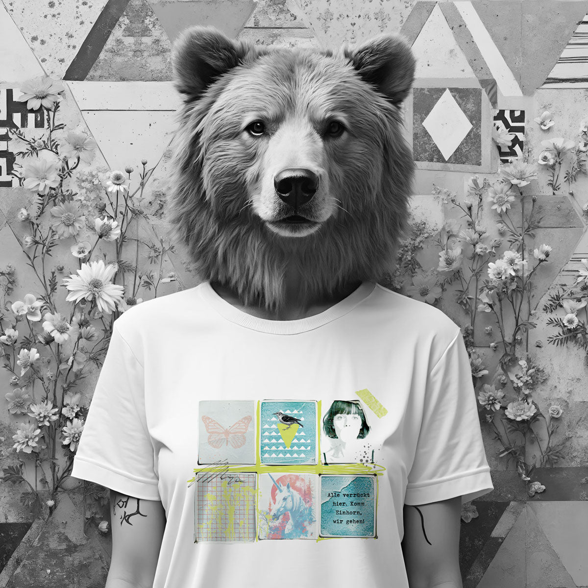 Bügelbild Einhorn - "Alle verrückt hier, komm Einhorn wir gehen" in Neon Gelbgrün - Graphic Jam