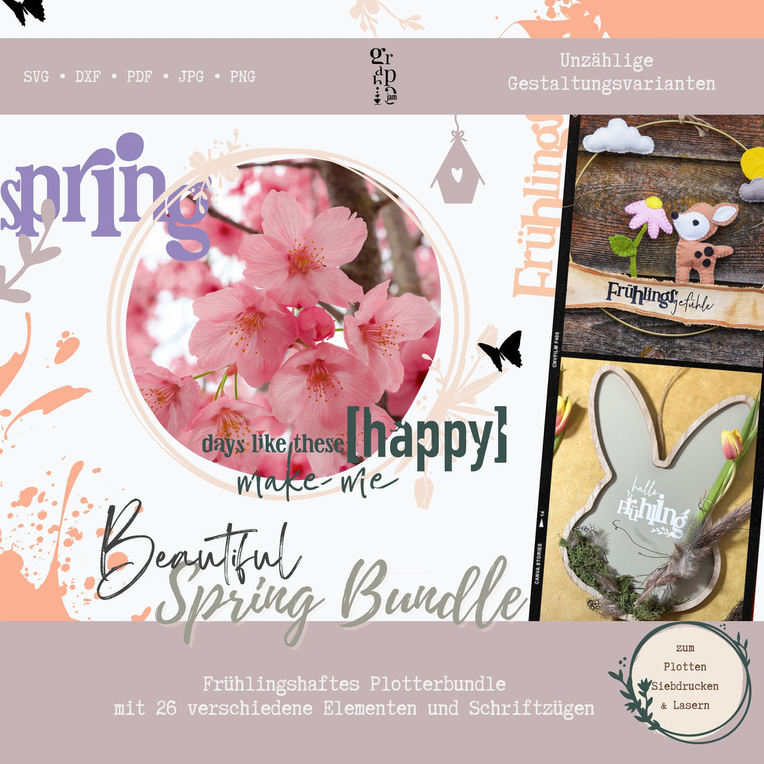 &quot;Beautiful Spring&quot; Frühlings Plotterdateien im Set in DXF &amp; SVG - Graphic Jam 