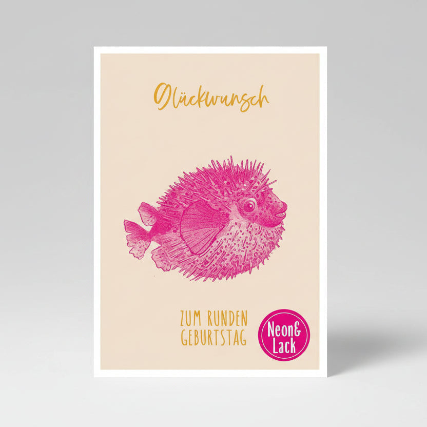 Zum runden Geburtstag Postkarte mit Neon und Lack