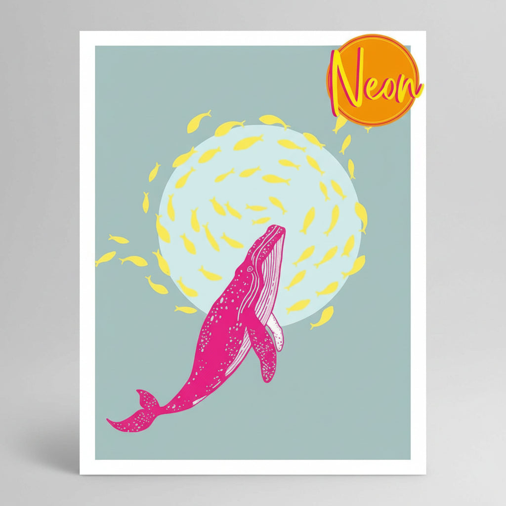 Neon Postkarte Siebdruck Wal und Fische